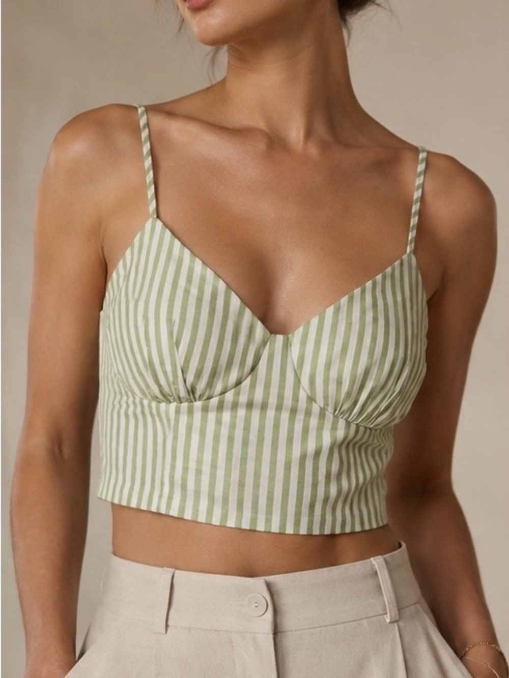 LE LIS Striped  Green Cotton Smocked Crop Bustier Top - Size Large